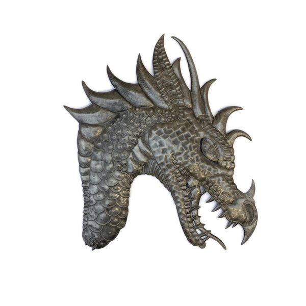 Handmade Recycled Steel Barrel Large Dragon Head (Right Facing) Metal Wall Decor