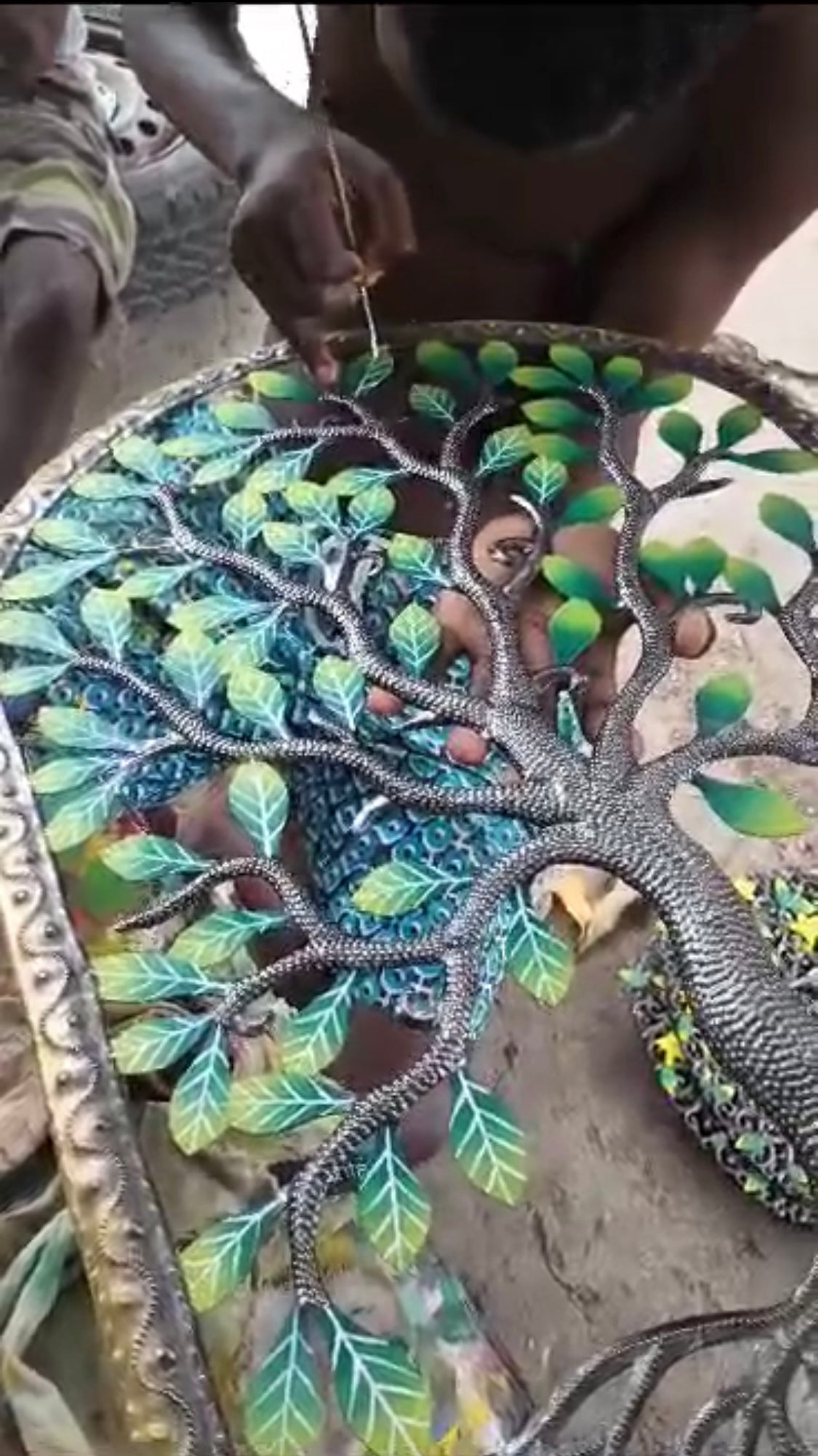 Handmade Recycled Steel Barrel Lid Tree of Life Metal Wall Decor Bronze Blue With Birds