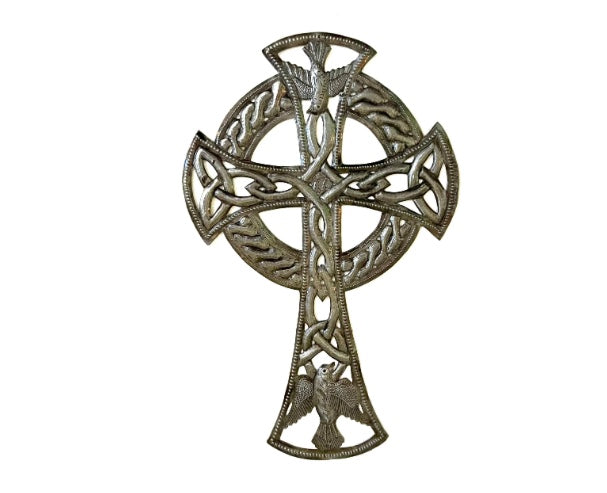 Handmade Recycled Steel Barrel Celtic Cross With Doves Of Peace