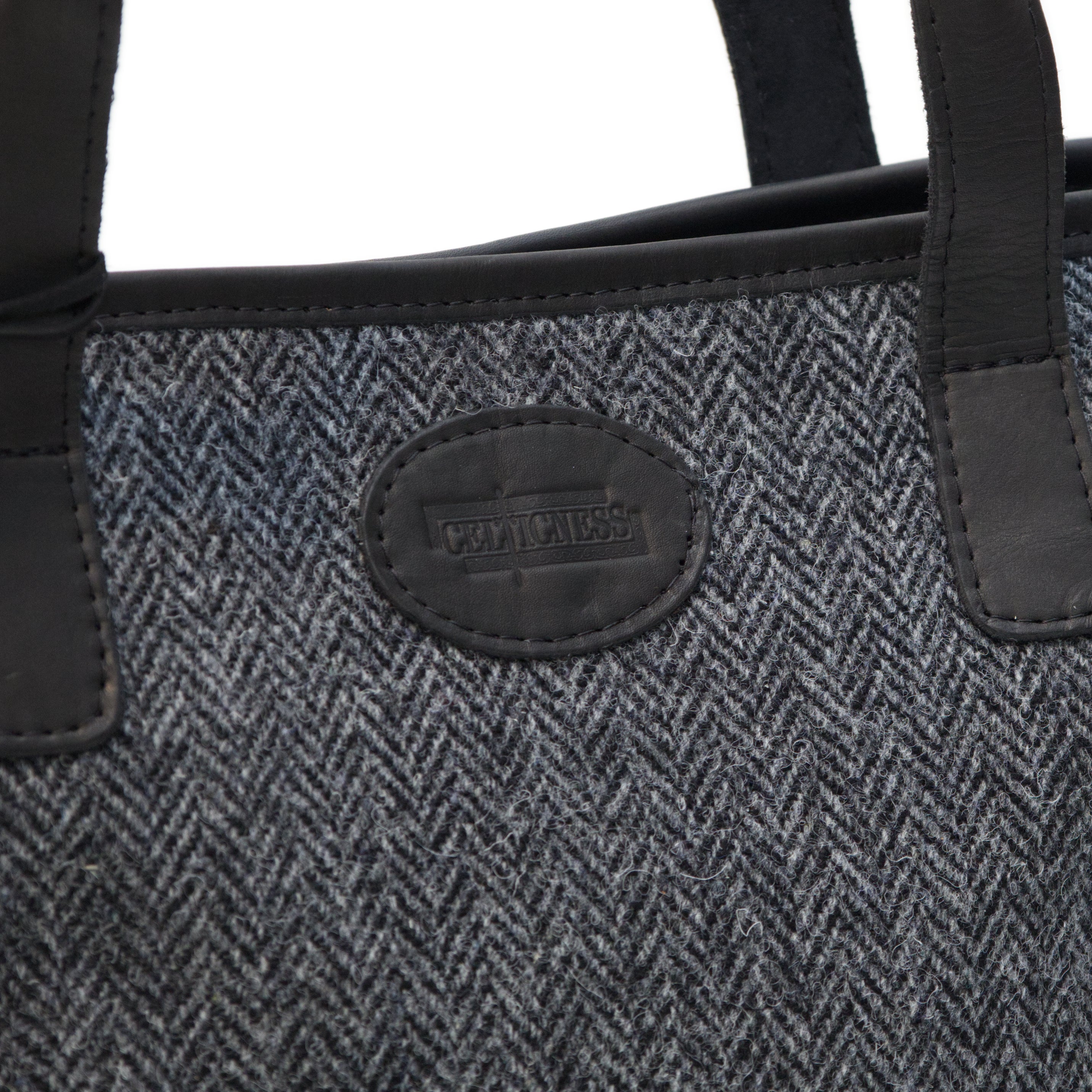 Harris Tweed & Leather Handmade Large Shoulder Bag - Gray / Black